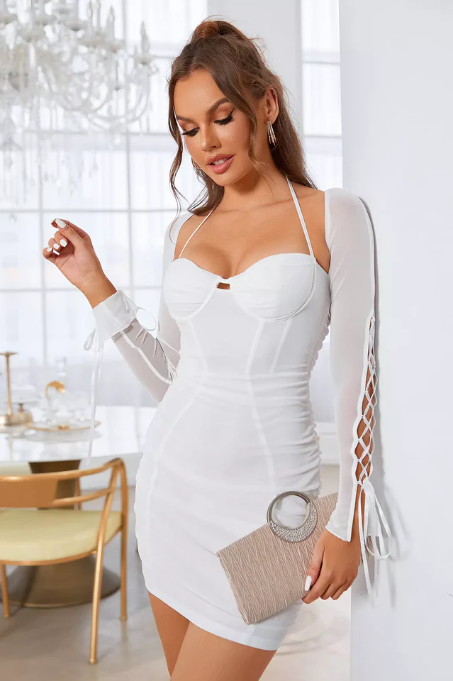 Boning Cut Out Crisscross Tie Up Ruched Mesh Dress - Image 5