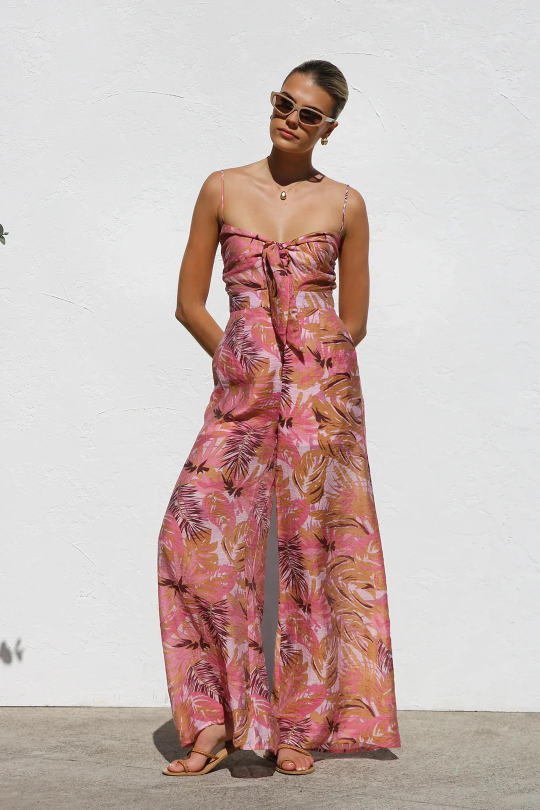 Botanical Print Strappy Resort Style Wide-leg Pants Jumpsuit - Image 3