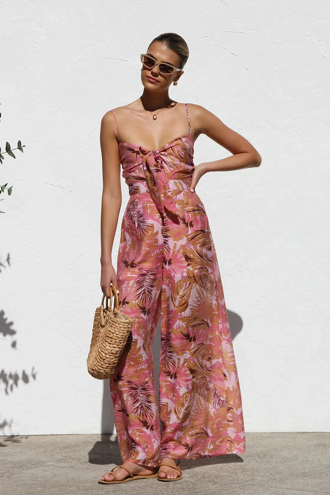 Botanical Print Strappy Resort Style Wide-leg Pants Jumpsuit - Image 4