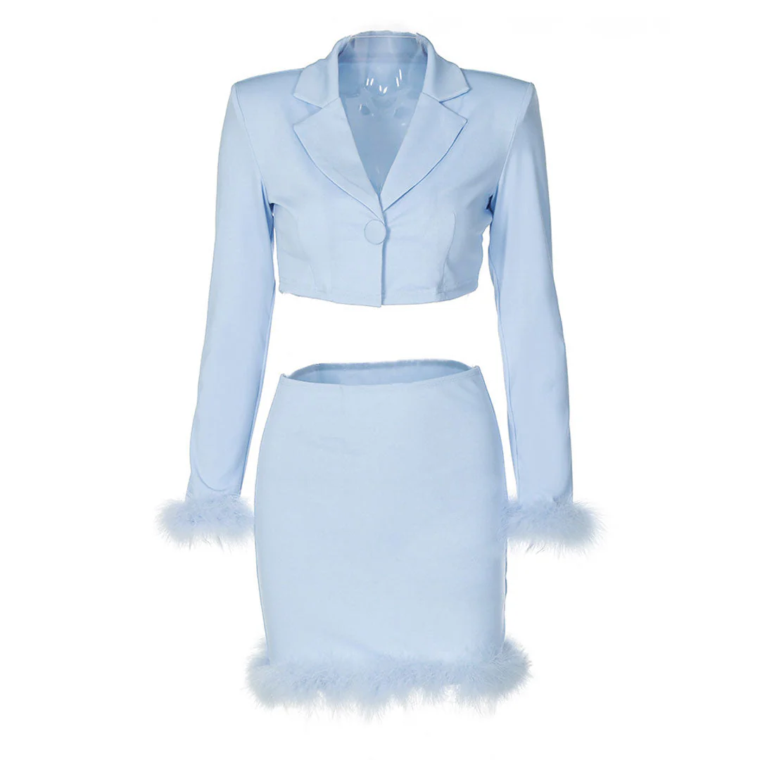 Chic Long Sleeve Crop Blazer Feather Trim Mini Skirt Matching Set - Blue - Image 3