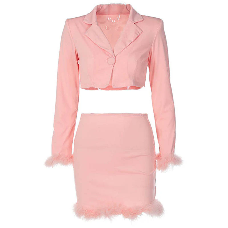 Chic Long Sleeve Crop Blazer Feather Trim Mini Skirt Matching Set - Pink - Image 3