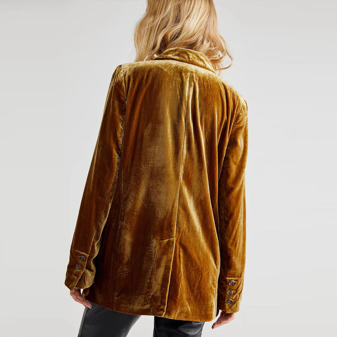 Classy Velvet Lapel Collar Long Sleeve Double Breasted Blazer - Gold - Image 3