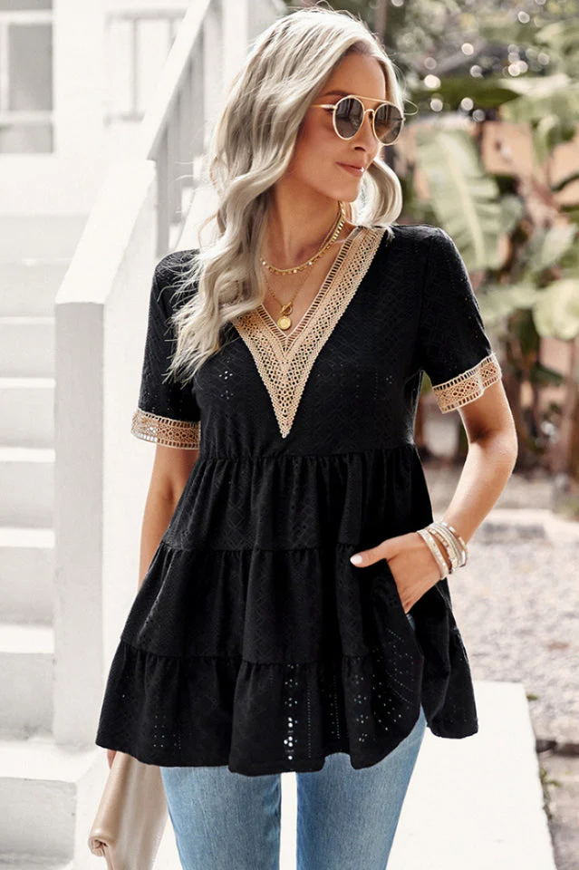 Contrast Short Sleeve Tiered Blouse - Image 12