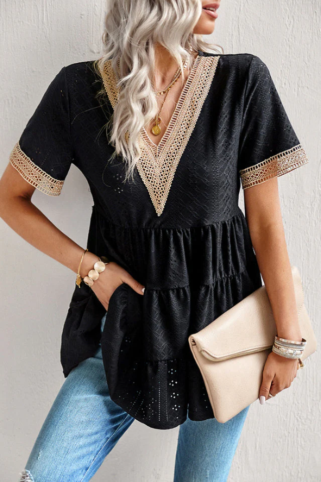 Contrast Short Sleeve Tiered Blouse - Image 13