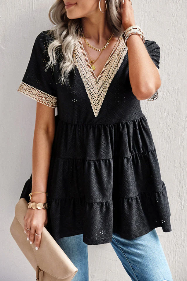 Contrast Short Sleeve Tiered Blouse - Image 14