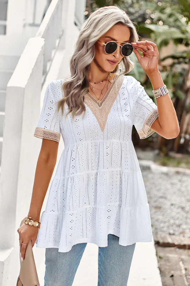Contrast Short Sleeve Tiered Blouse - Image 5
