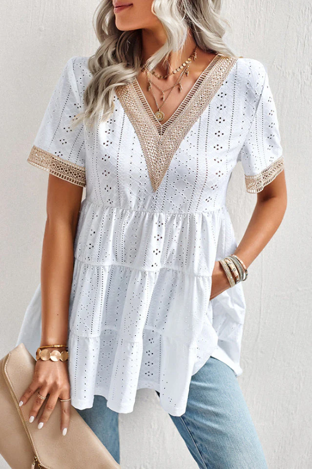 Contrast Short Sleeve Tiered Blouse - Image 7