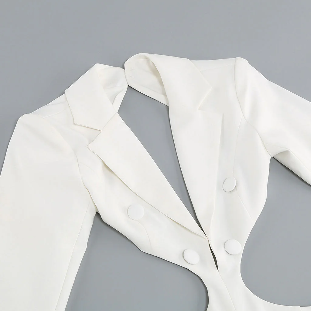 Edge Lapel Collar CutOut Feather Trim Long Sleeve Padded Backless Blazer Jumpsuit - Image 3