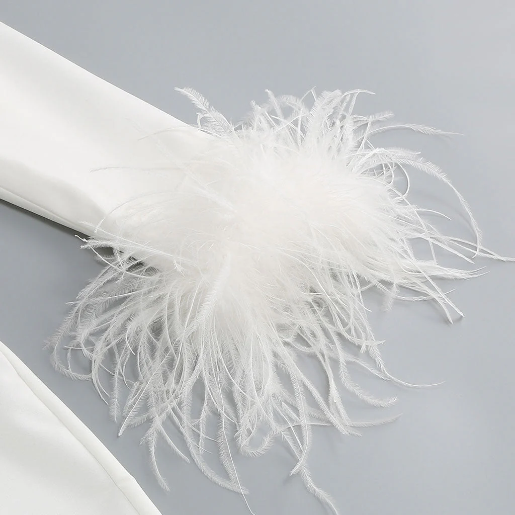 Edge Lapel Collar CutOut Feather Trim Long Sleeve Padded Backless Blazer Jumpsuit - Image 4