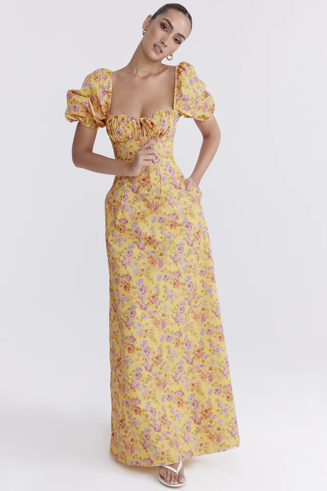 Felizia Yellow Floral Puff Sleeve Maxi Dress - Image 3
