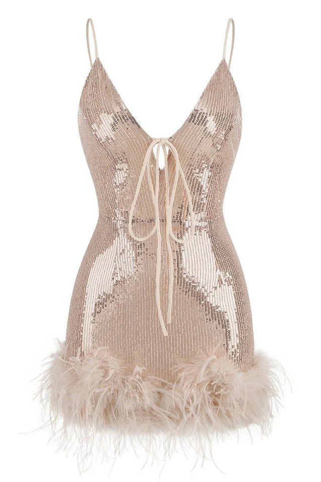 Mini Sequin Dress With Feather Trim - Image 10