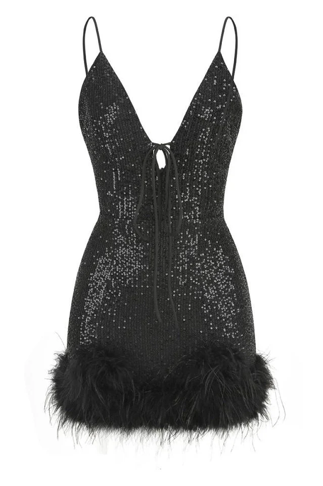Mini Sequin Dress With Feather Trim - Image 12