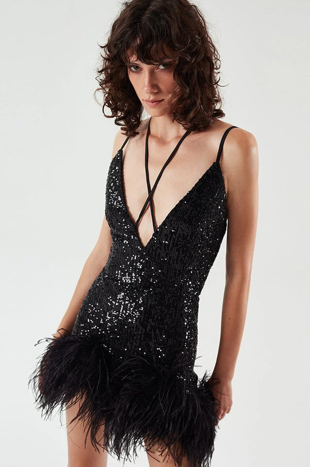 Mini Sequin Dress With Feather Trim - Image 6