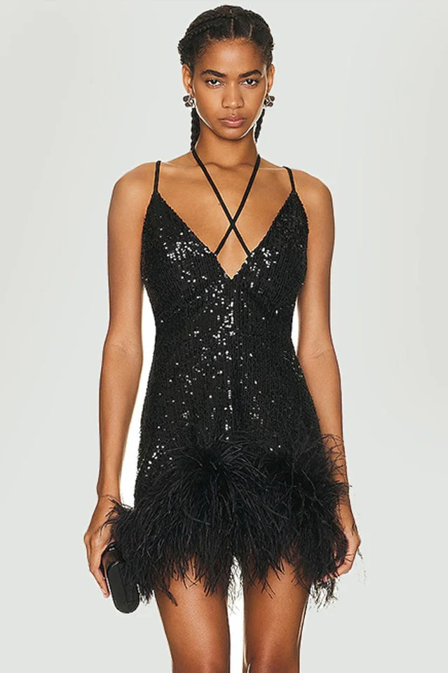 Mini Sequin Dress With Feather Trim - Image 8