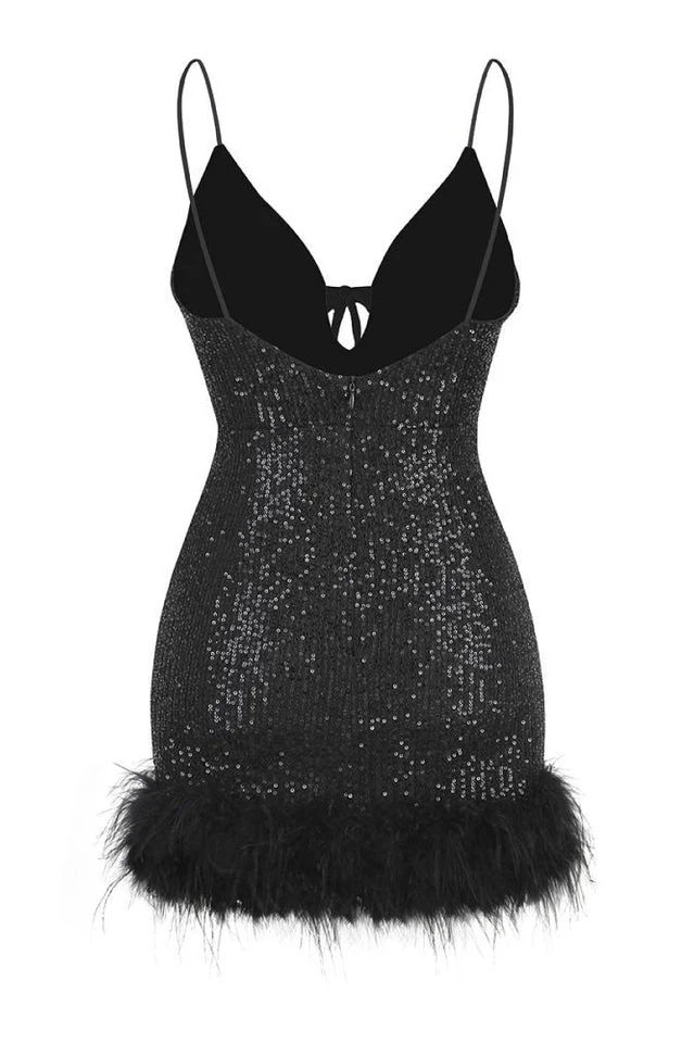 Mini Sequin Dress With Feather Trim - Image 9