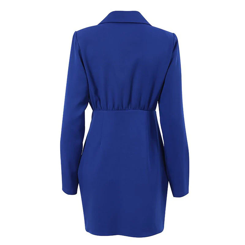 Modern Ruched Shoulder Pad Lapel Collar V Neck Blazer Mini Dress - Royal Blue - Image 5