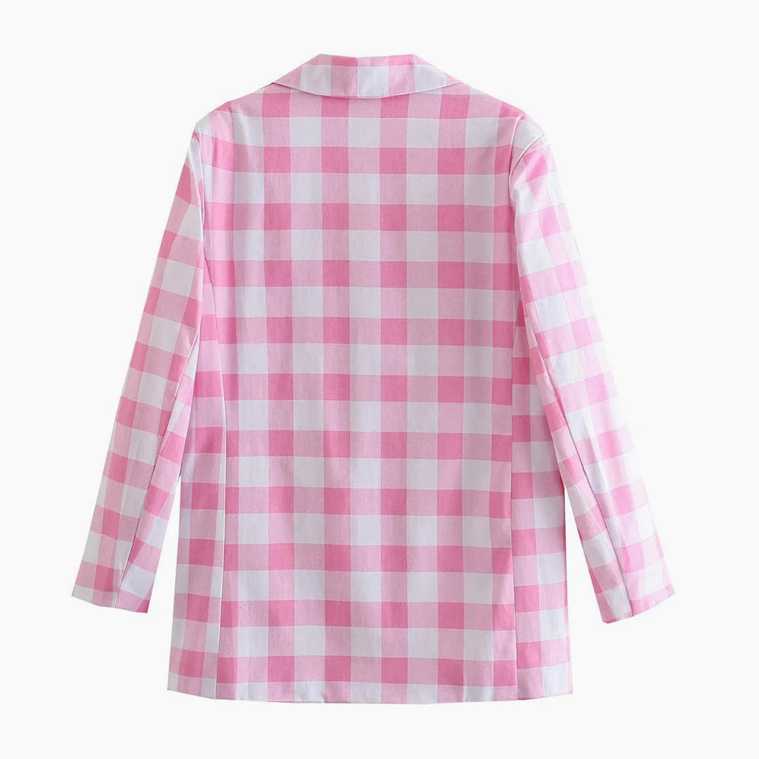 Sweet Plaid Print Long Sleeve Blazer and Pleated Mini Skirt Matching Set - Pink - Image 3