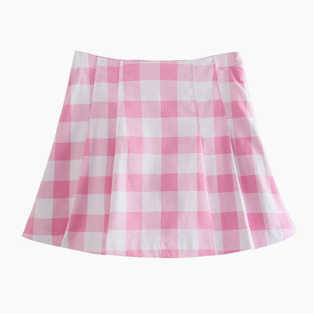 Sweet Plaid Print Long Sleeve Blazer and Pleated Mini Skirt Matching Set - Pink - Image 4
