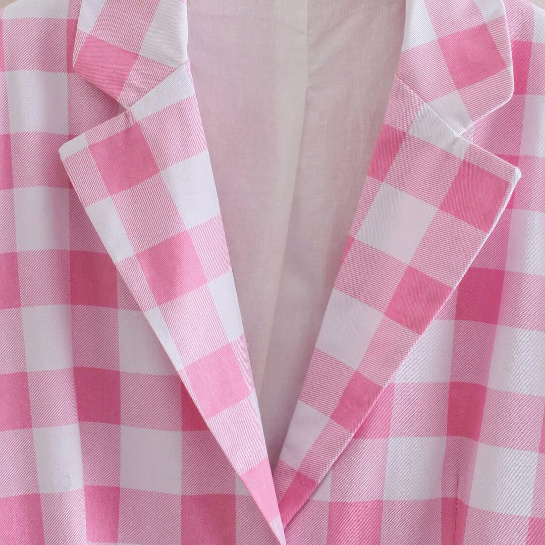 Sweet Plaid Print Long Sleeve Blazer and Pleated Mini Skirt Matching Set - Pink - Image 5