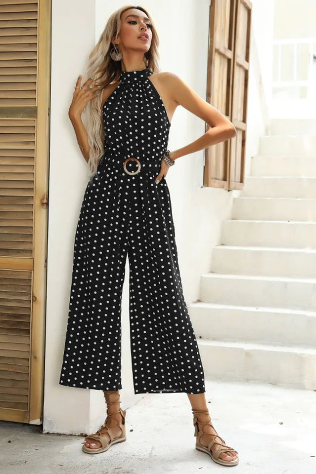 Polka Dots Print Funnel Neck Belted Jumpsuit - Image 10