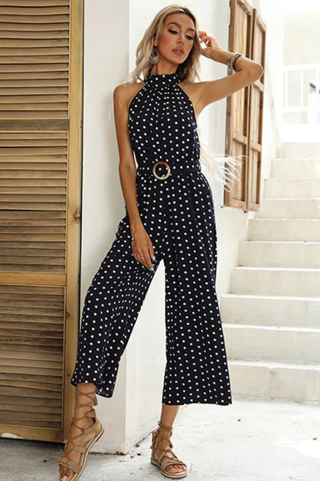 Polka Dots Print Funnel Neck Belted Jumpsuit - Image 11