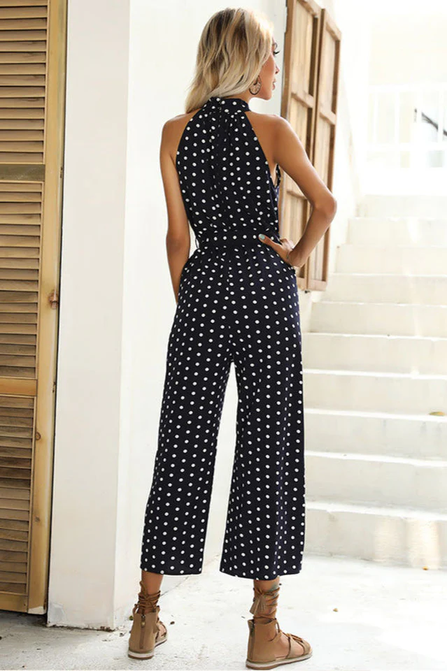 Polka Dots Print Funnel Neck Belted Jumpsuit - Image 12