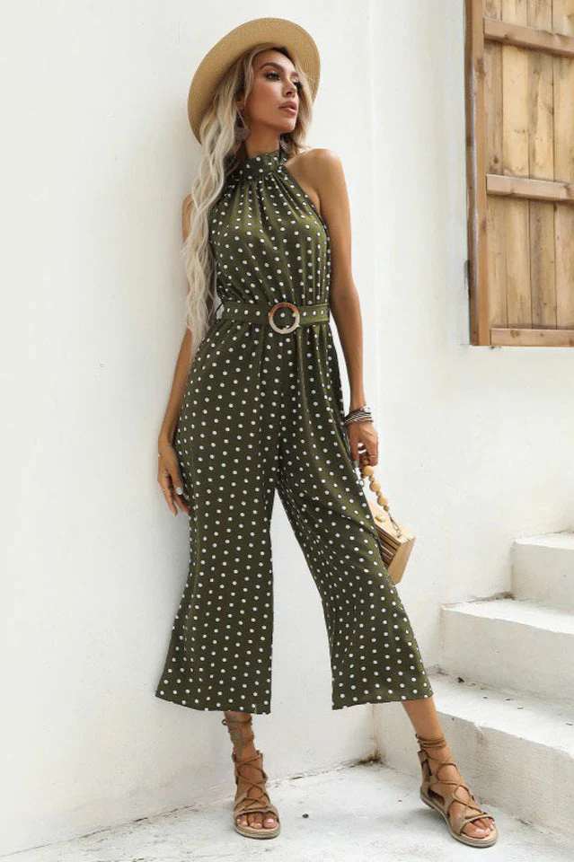 Polka Dots Print Funnel Neck Belted Jumpsuit - Image 3