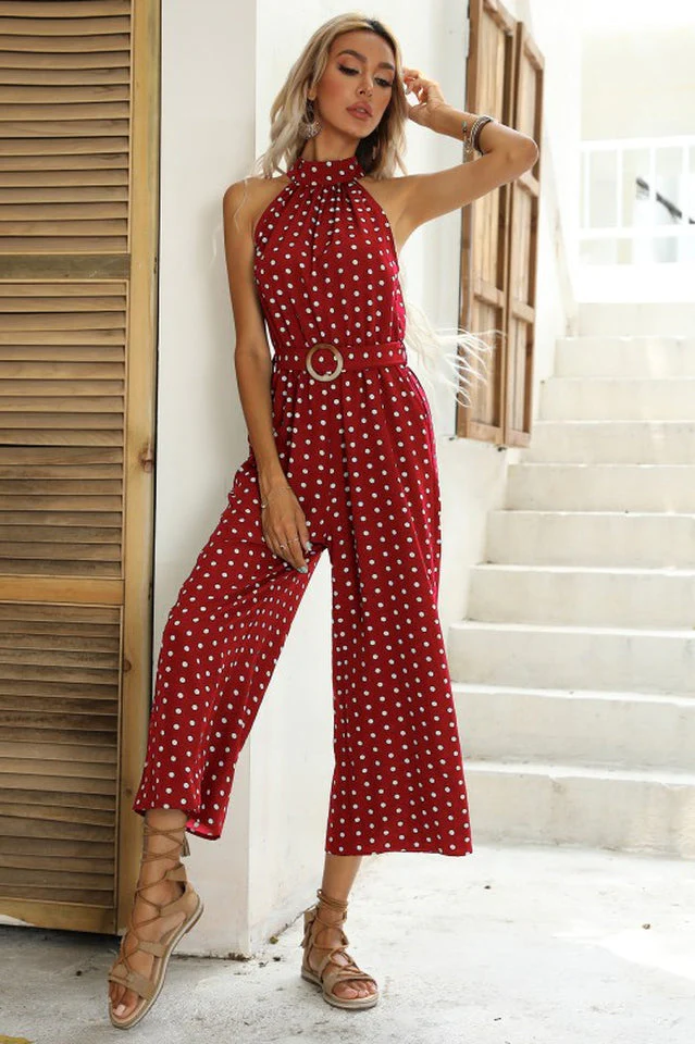 Polka Dots Print Funnel Neck Belted Jumpsuit - Image 4