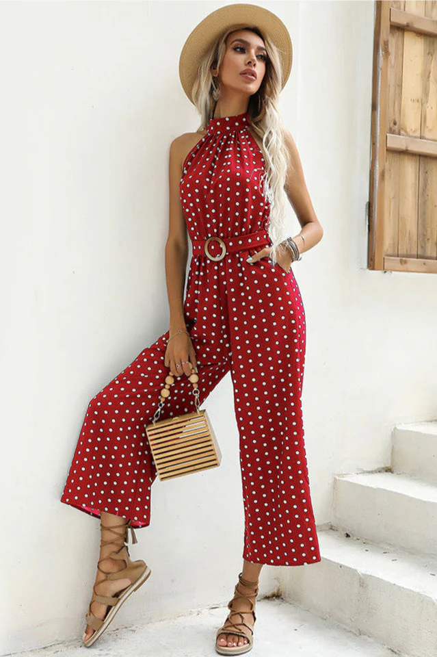 Polka Dots Print Funnel Neck Belted Jumpsuit - Image 5