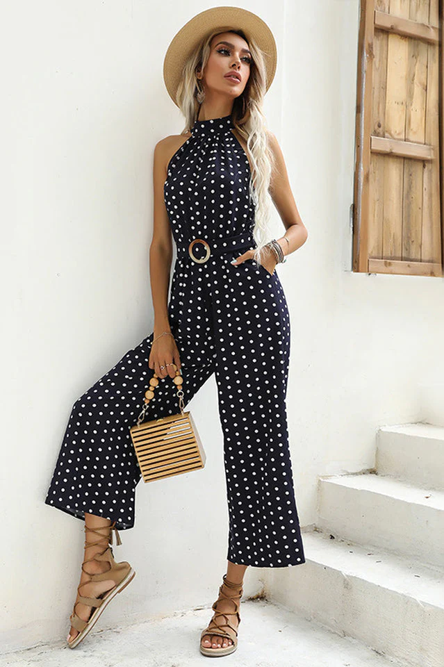 Polka Dots Print Funnel Neck Belted Jumpsuit - Image 7