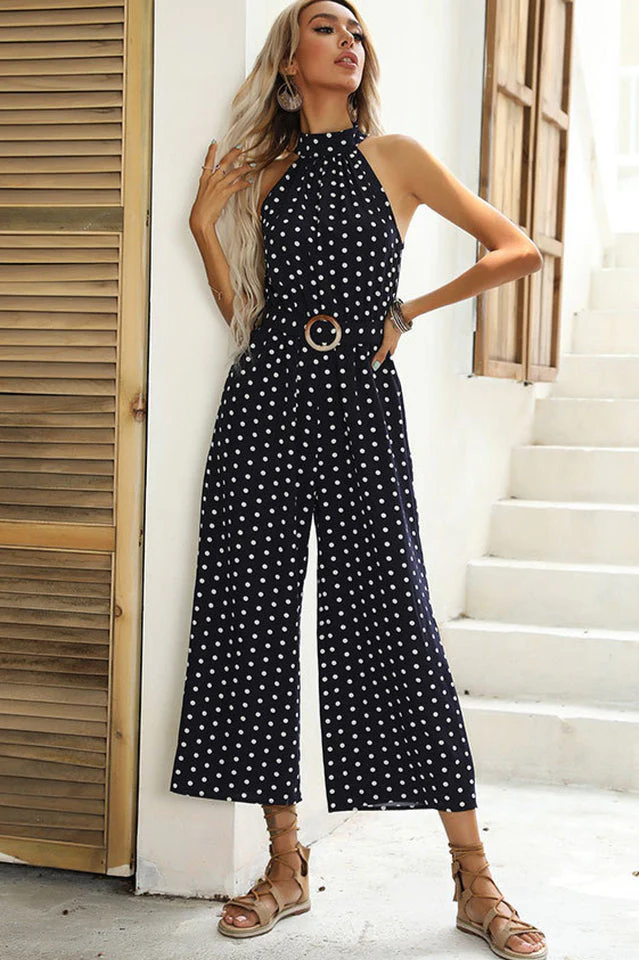 Polka Dots Print Funnel Neck Belted Jumpsuit - Image 8