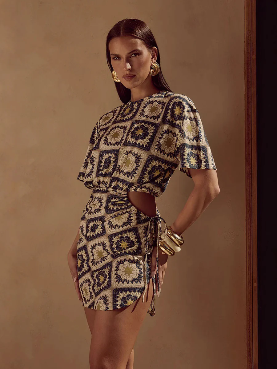 Printed Drawstring Waist Mini Dress - Image 3