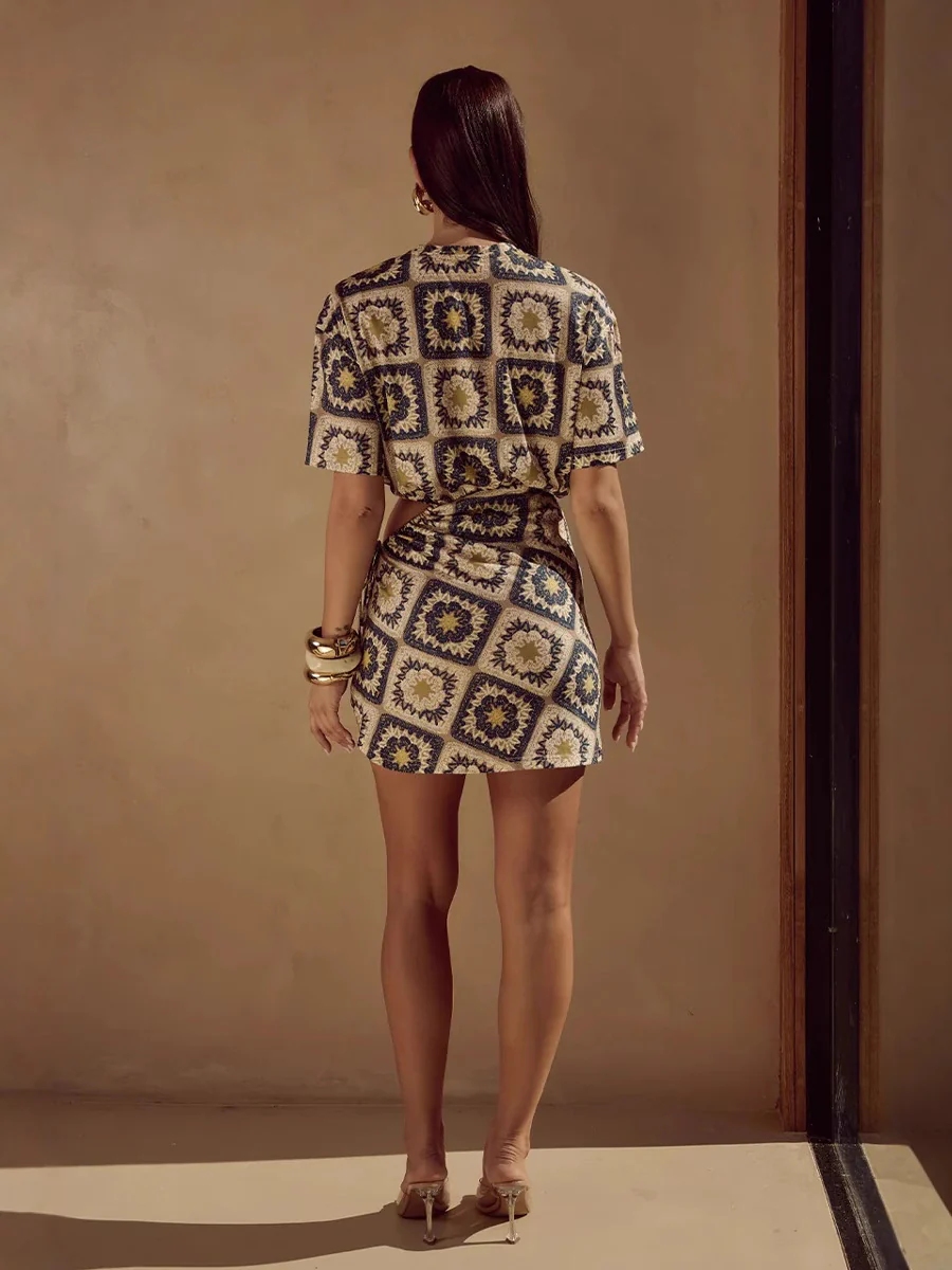 Printed Drawstring Waist Mini Dress - Image 5