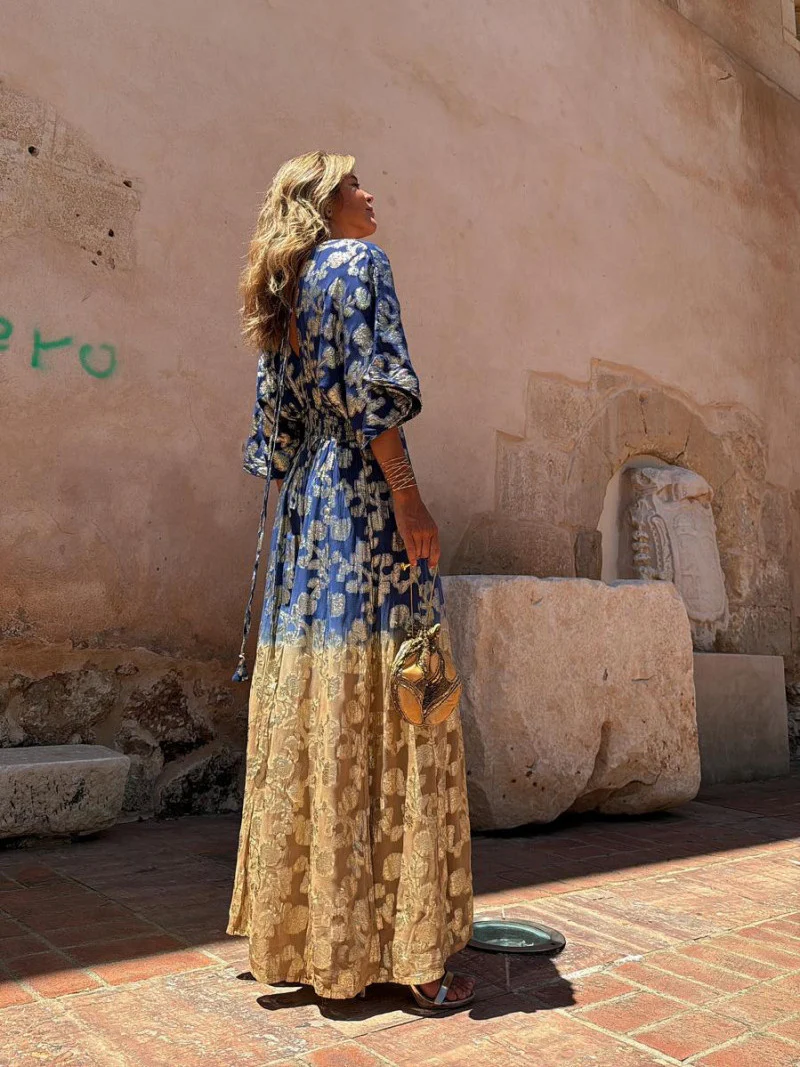 Printed V-Neck Open Back Waist Wide-Leg Jumpsuit - Image 3