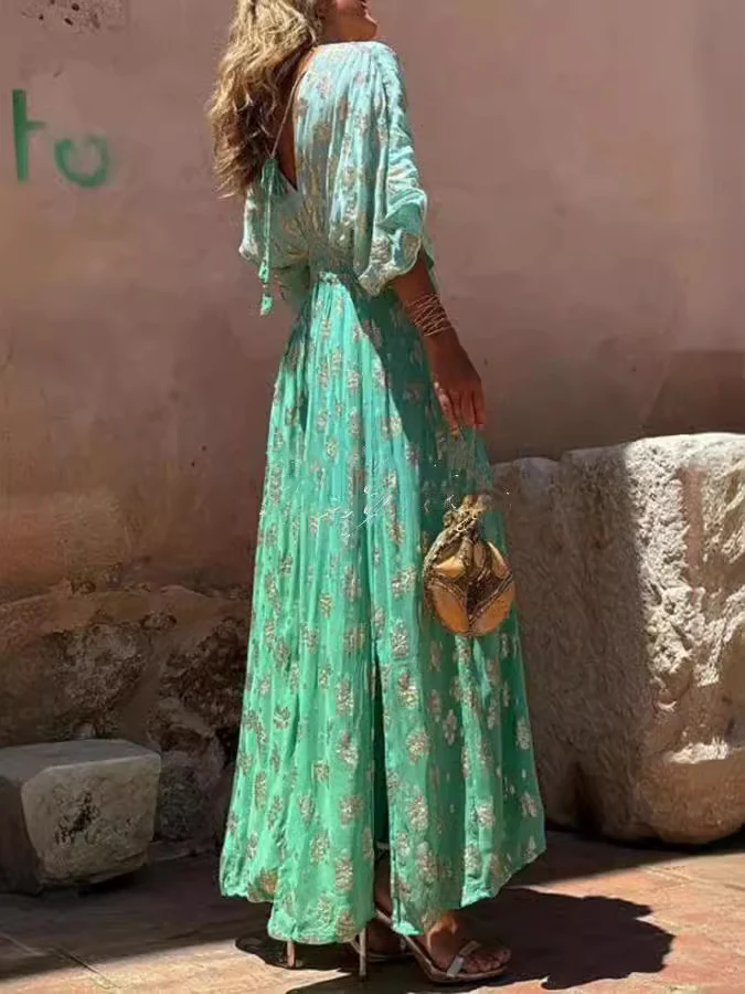 Printed V-Neck Open Back Waist Wide-Leg Jumpsuit - Image 6