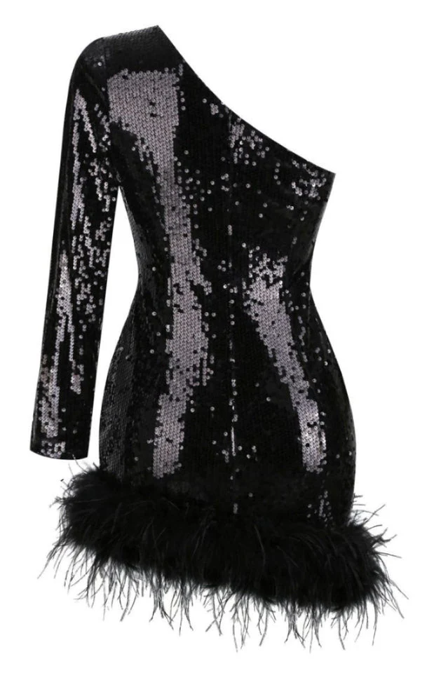 Romy One Shoulder Sequin Feather Mini Dress - Image 10