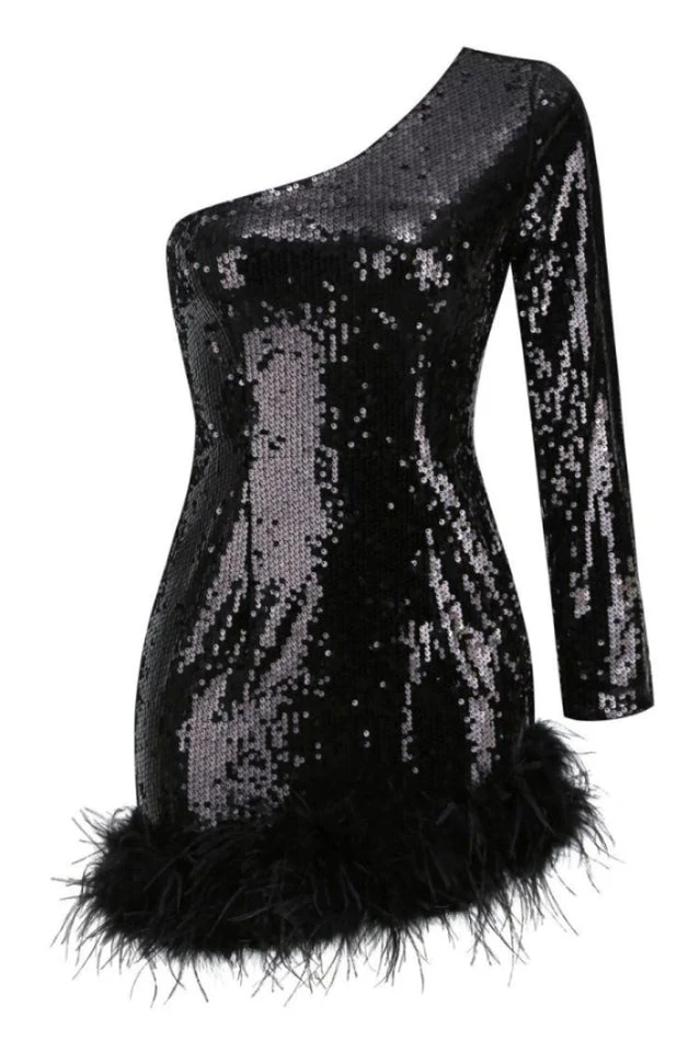 Romy One Shoulder Sequin Feather Mini Dress - Image 9