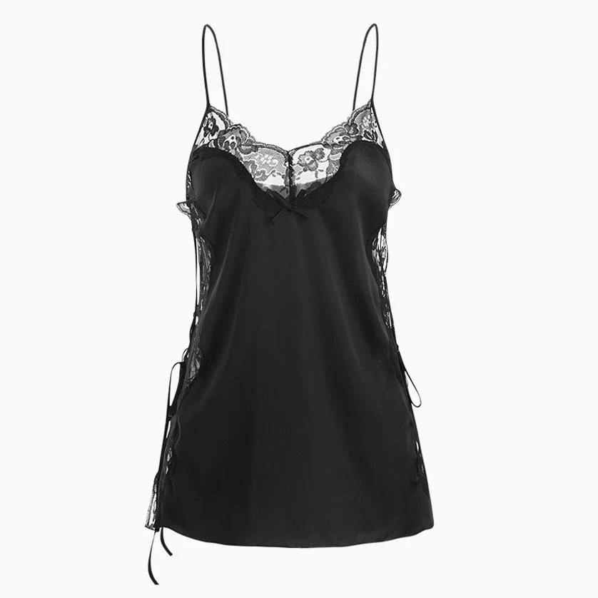 Lace Up Side Spaghetti Strap Scalloped Lace Trim Slip Chemise - Black - Image 3