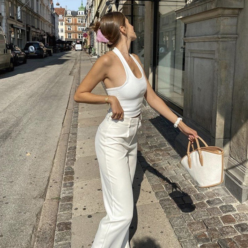 Halter Neck Solid Color Rib Crop Tank Top - White - Image 3