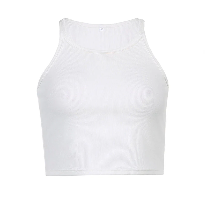 Scoop Neck Rib Knit Crop Tank Top - White - Image 3