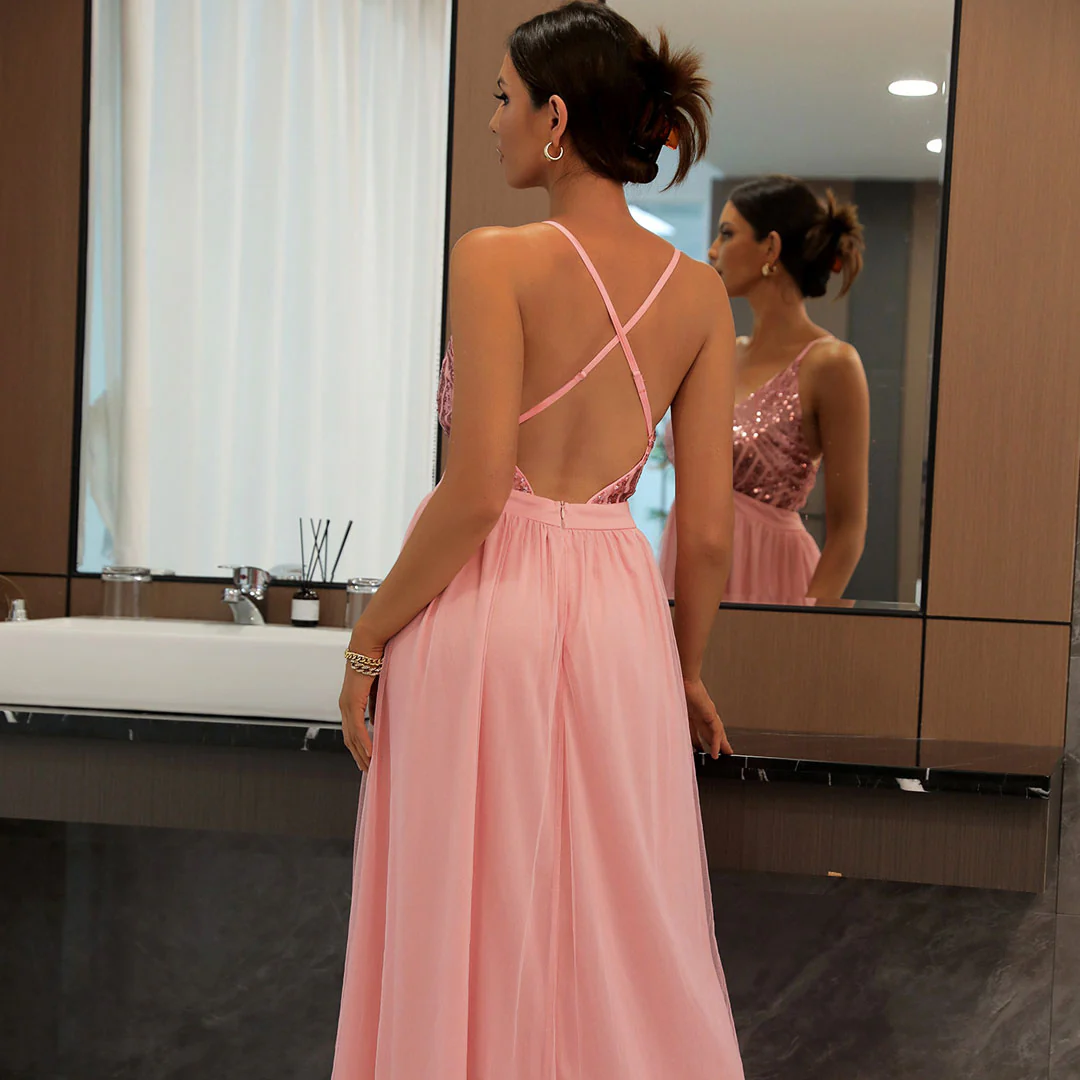 Sparkly Sequin Panel Mesh Deep V Backless Evening Maxi Dress - Pink - Image 3