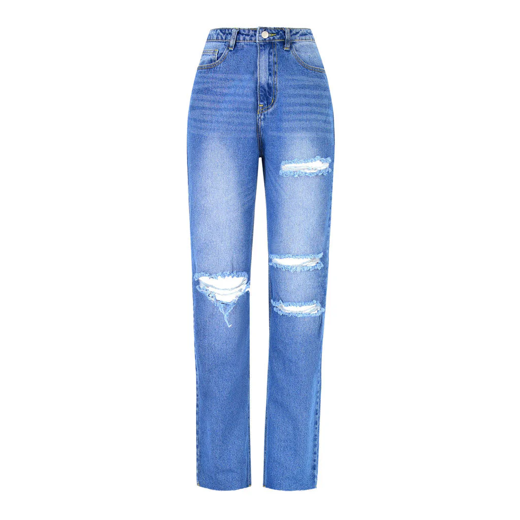 Street Style Cut Out High Waist Frayed Straight Leg Jeans- Blue - Image 4