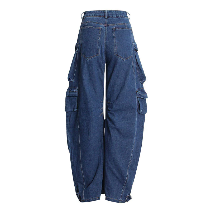 Street Style Panel Trim Patch Pocket Oversized Cargo Jeans - Blue - Image 4
