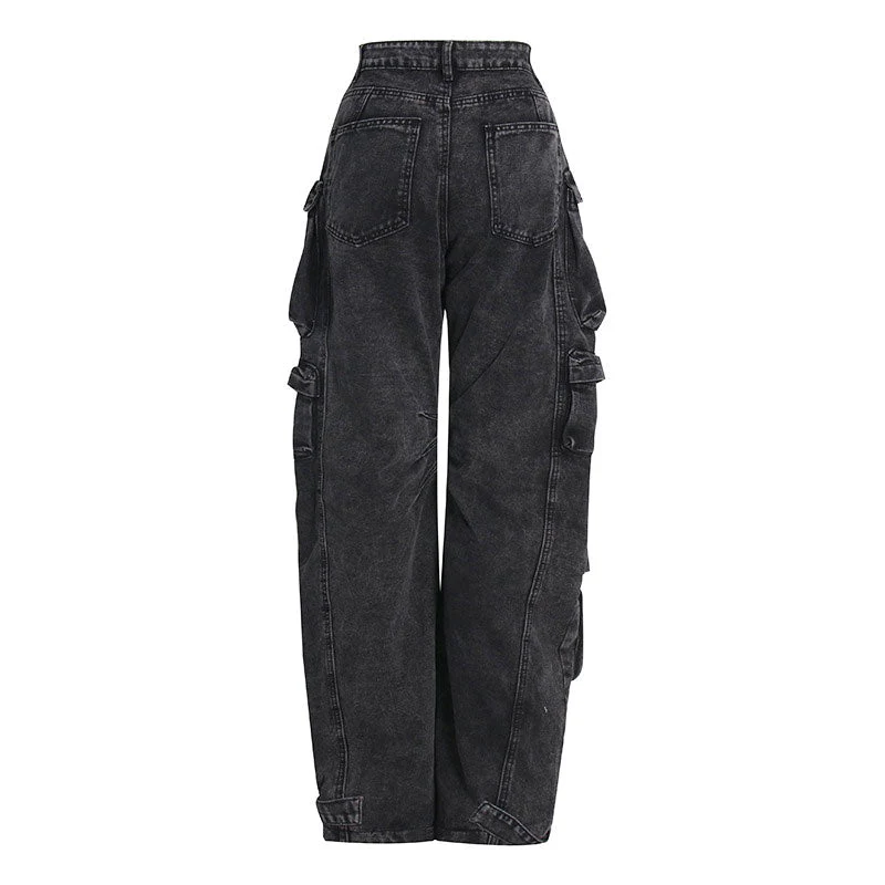 Street Style Panel Trim Patch Pocket Oversized Cargo Jeans - Gray - Image 3