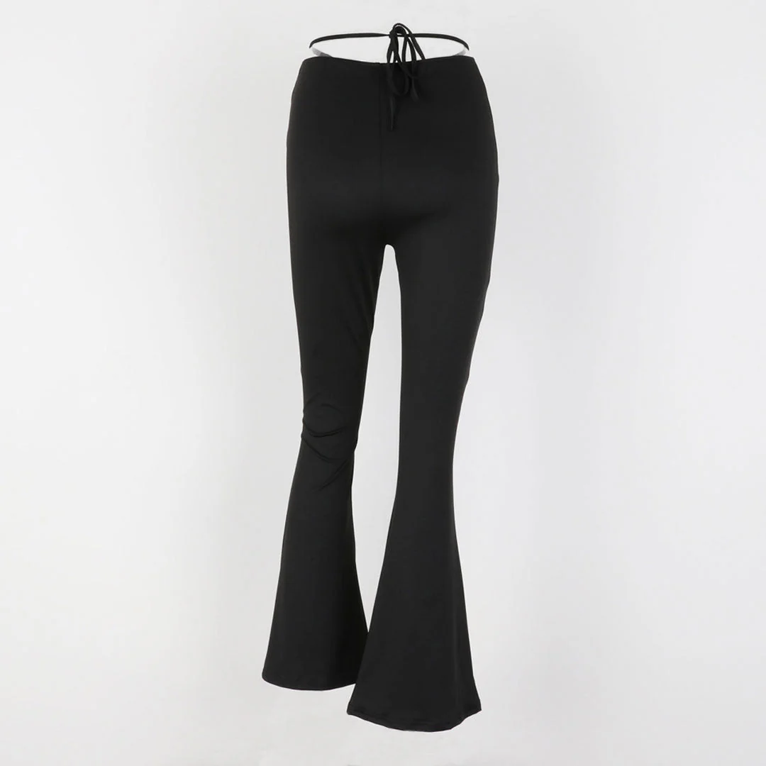 Street Style Solid Color Cut Out Wide Leg Skinny Flare Pants - Black - Image 4