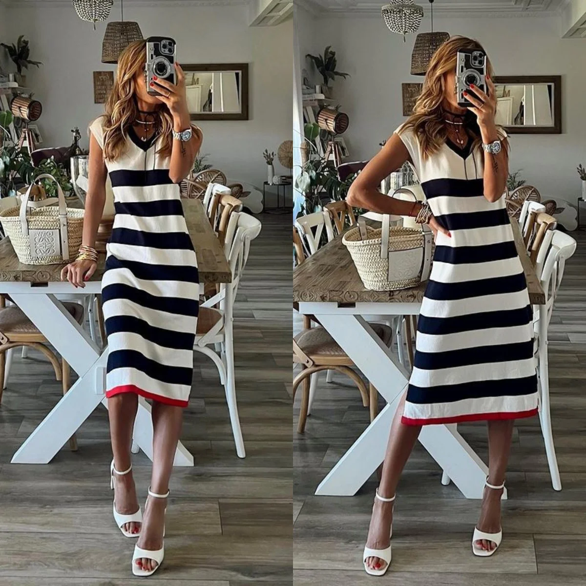 Striped V-Neck Slit Hem Casual Loose Dress - Image 4