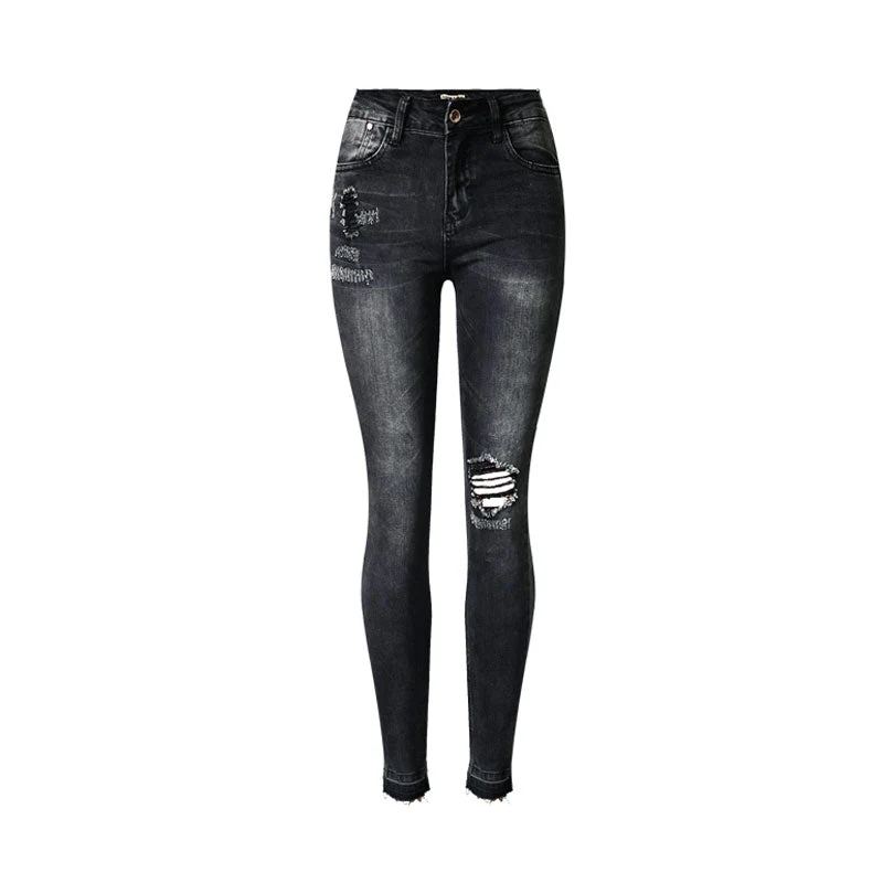Trendy Cut Out High Waist Faded Distressed Skinny Jeans - Black - Image 3