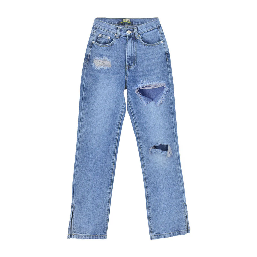 Trendy Cut Out High Waist Side Slit Wide Leg Jeans - Blue - Image 3