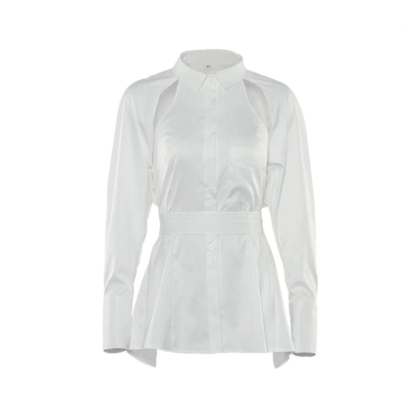 Unique Cut Out Back Tie Long Sleeve Button Up Blouse - White - Image 3