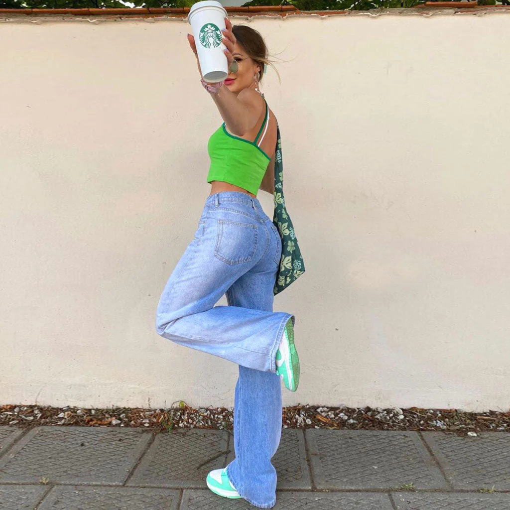 Unique Gradient High Waist Faded Straight Leg Jeans - Blue - Image 3